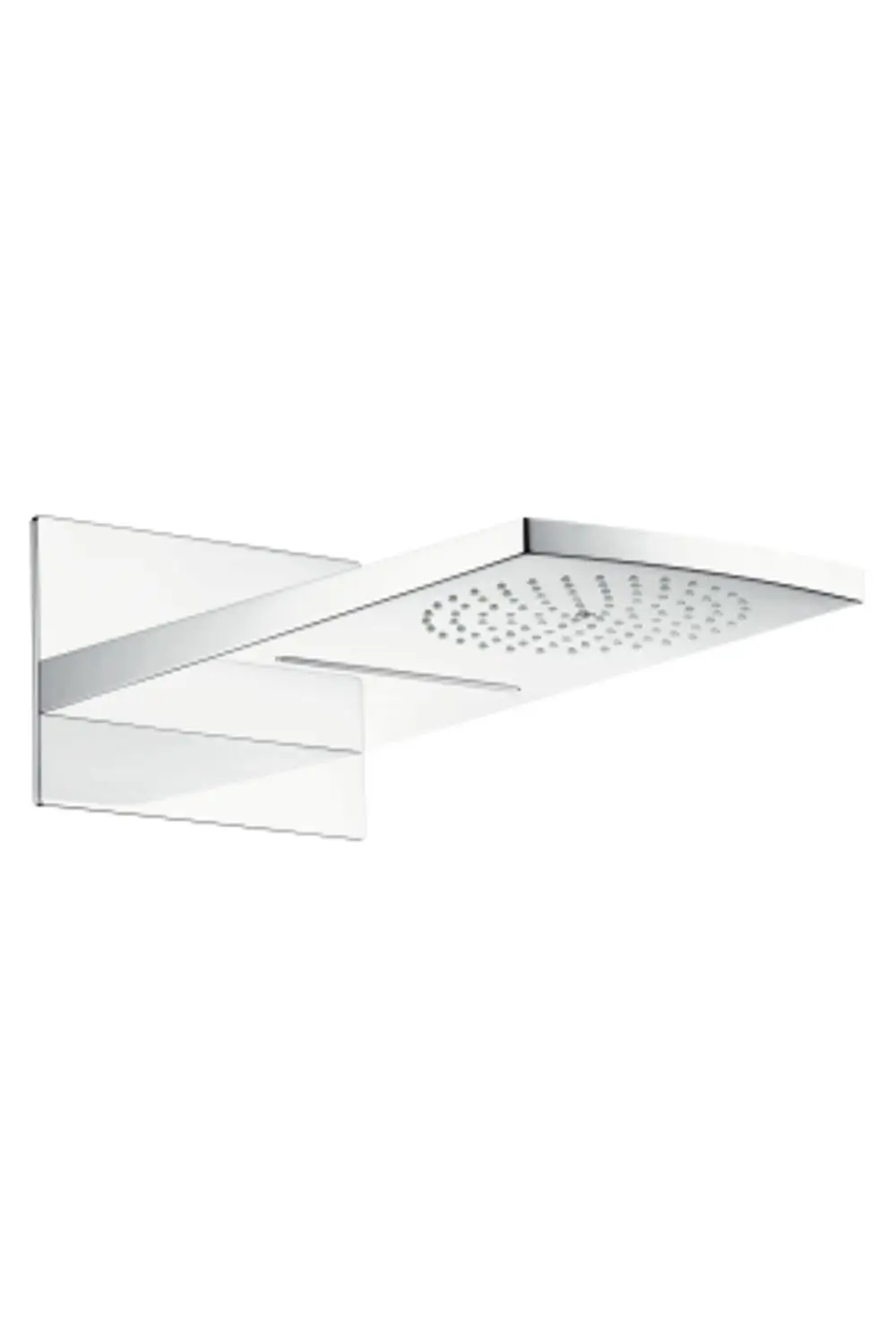 Kopfbrause von Hansgrohe in chromfarbener Ausführung, mit einem flachen, rechteckigen Design und einer Oberfläche mit Wasserstrahlöffnungen.